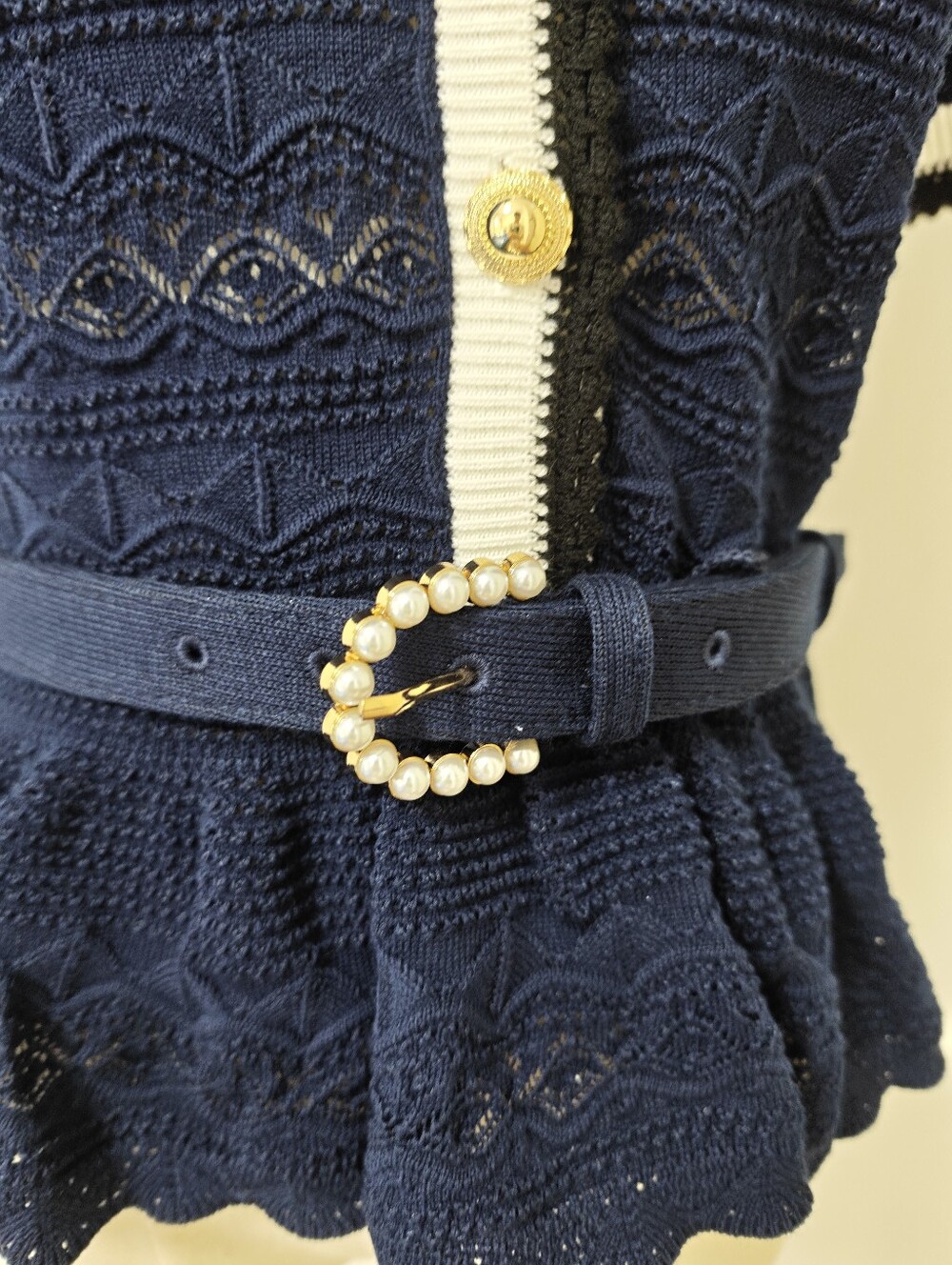 Self Portrait Navy Peplum Pointelle Knit Top - Picture 10 of 13